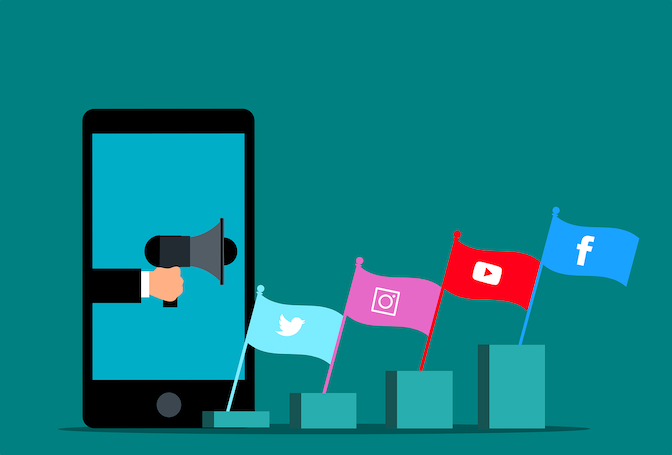 Smartphone with megaphone surrounded by social media platform flags on rising bar chart