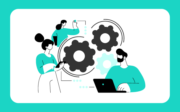Team of workers collaborating around large gear wheels with a laptop, illustrating automated data entry processes