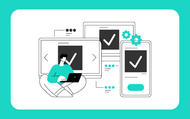 Person with laptop surrounded by desktop, tablet, and mobile screens showing checkmarks, representing multi-device data automation