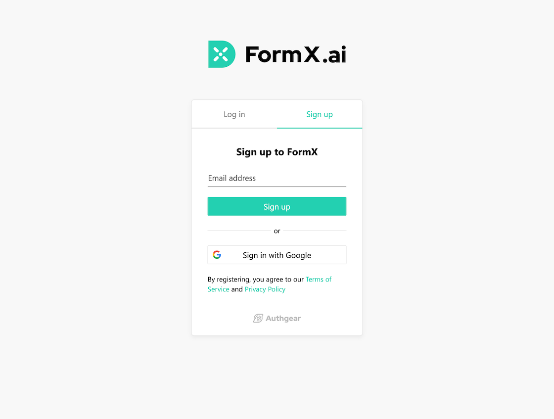 FormX.ai sign-up page with email field and Google sign-in option