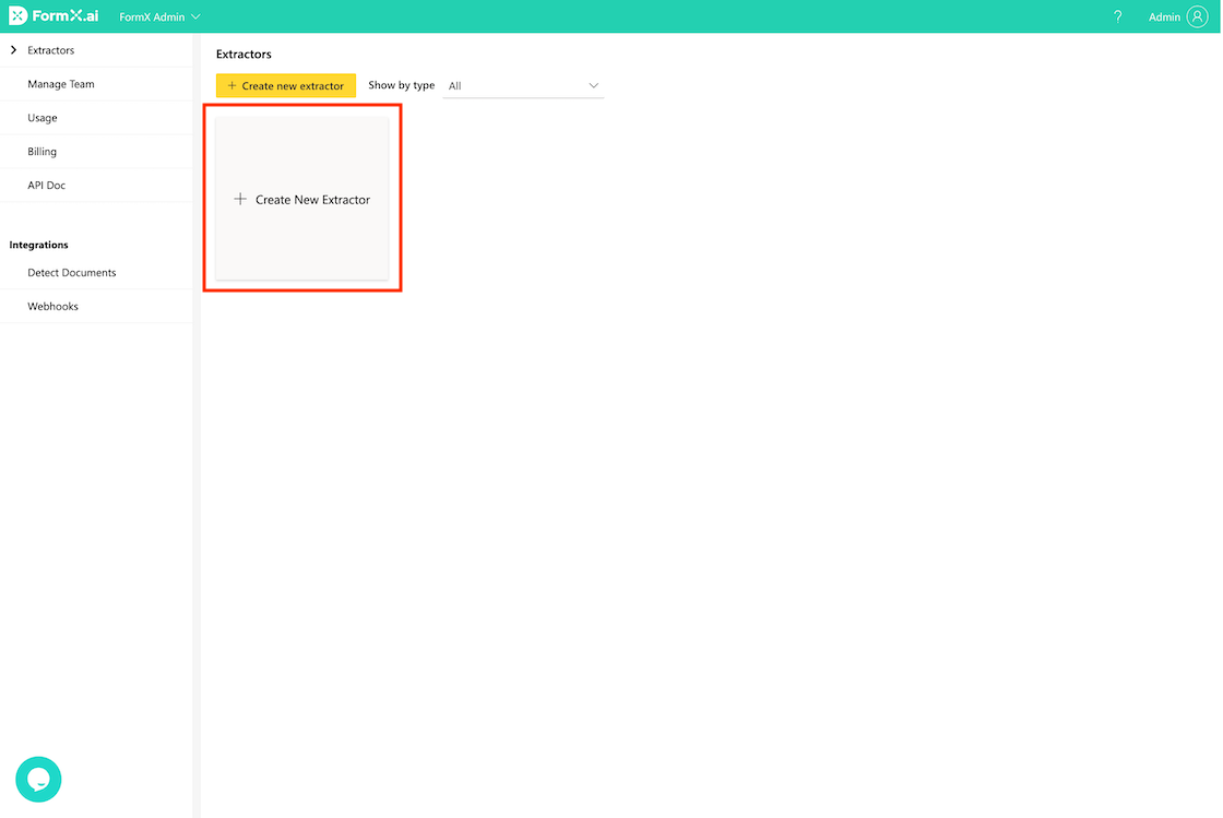 FormX Admin Extractors dashboard with Create New Extractor button highlighted in red