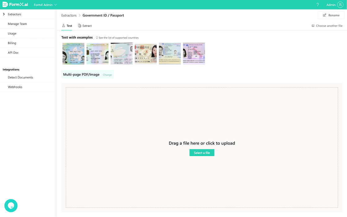 FormX Admin Government ID/Passport extractor test interface with sample passport thumbnails and file upload area