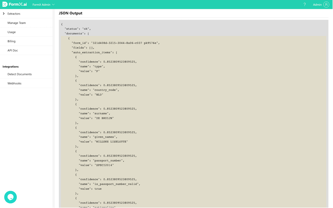 FormX Admin JSON Output panel displaying structured passport extraction results with field names and confidence scores