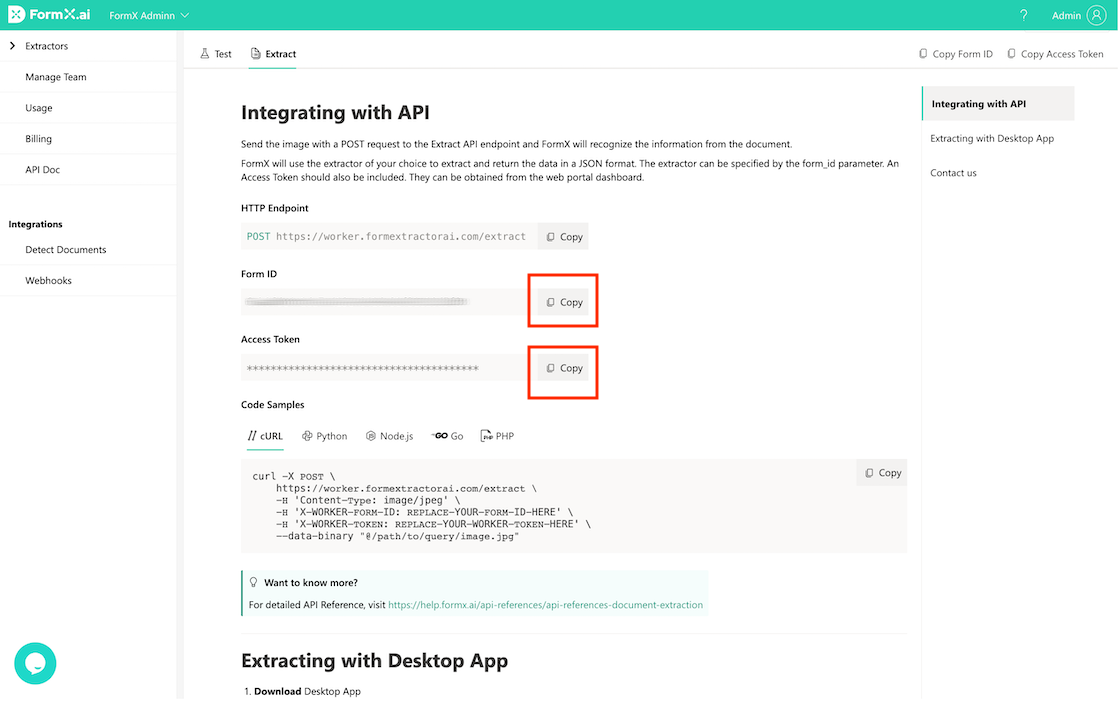 FormX Admin Extract tab showing API integration with Form ID, Access Token fields, and cURL code sample