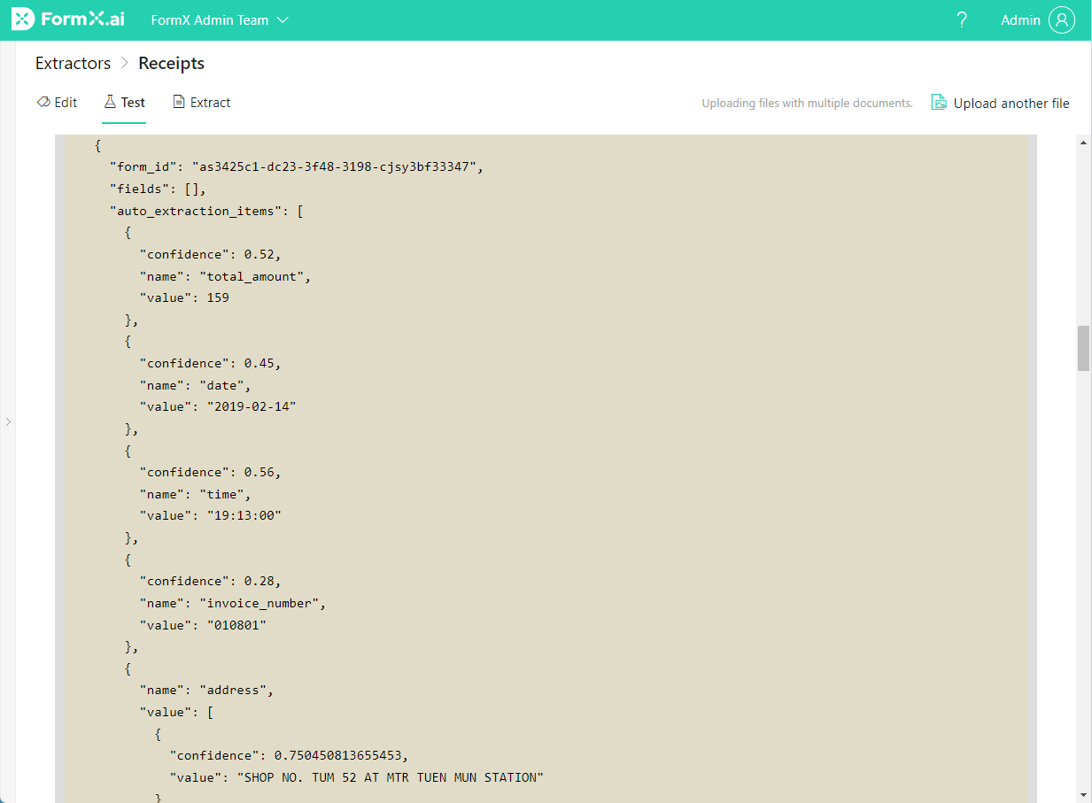 FormX dashboard showing receipt data extracted as JSON with fields like total_amount, date, and invoice_number