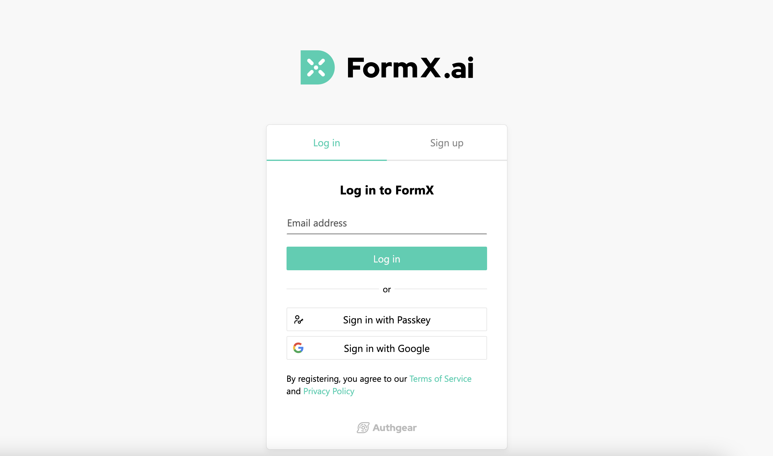 FormX.ai sign-up page with email login, Passkey, and Google sign-in options