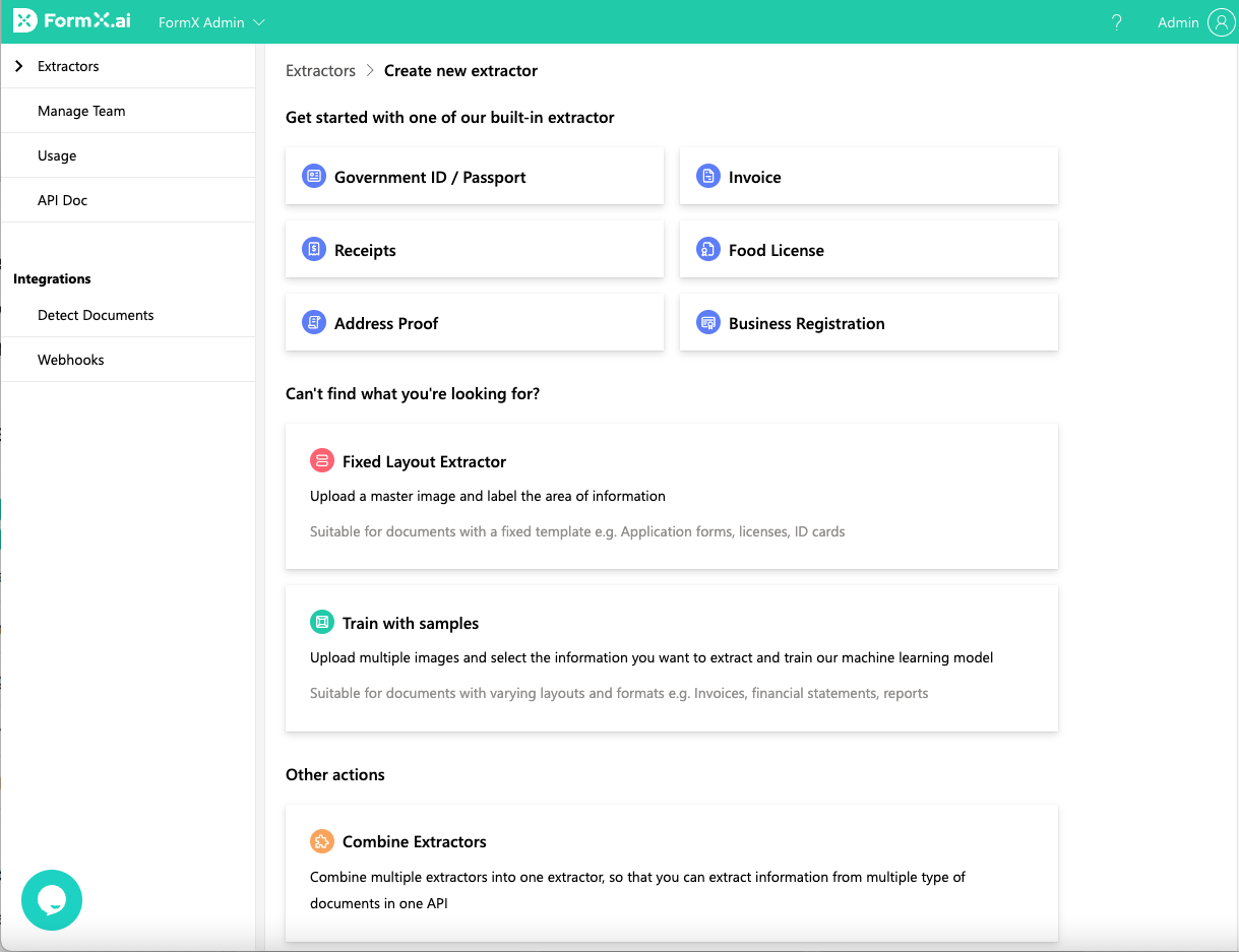 FormX dashboard showing built-in extractor options including Invoice, Receipts, ID, and Business Registration