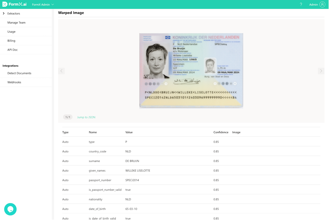 FormX extractor test results showing a Dutch passport with extracted fields like surname, given names, and date of birth