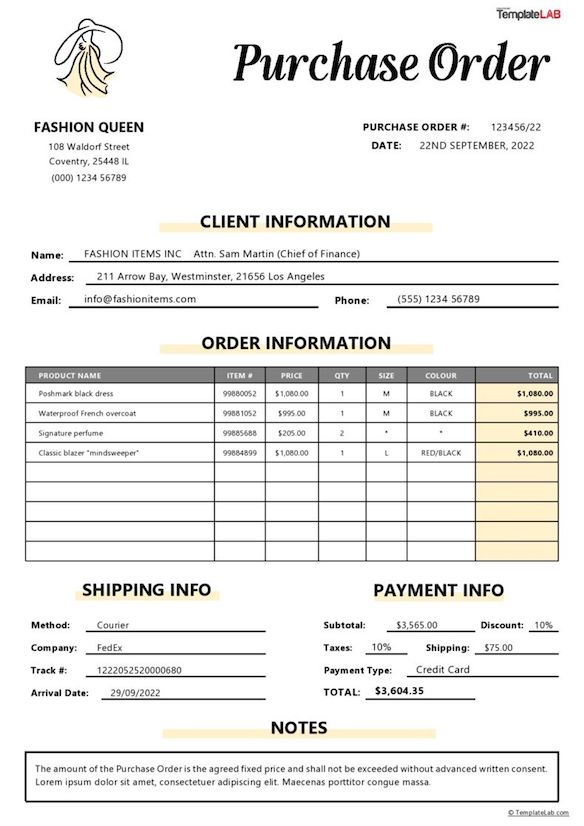 Sample purchase order template showing client info, itemized order table, shipping and payment details