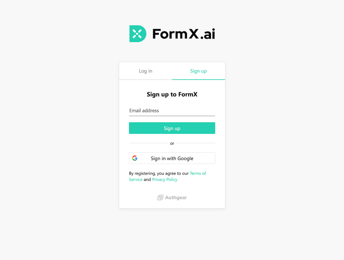 FormX.ai sign-up page with email field and Google sign-in option