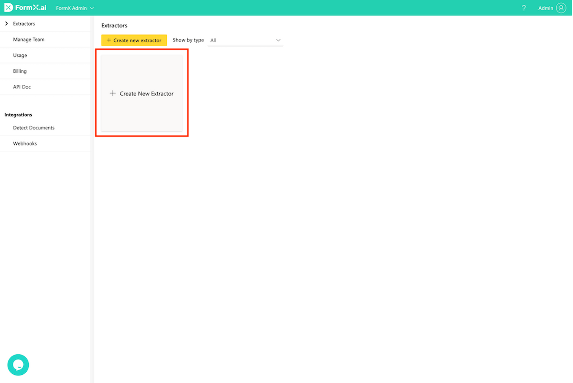 FormX admin dashboard Extractors page with Create New Extractor card highlighted in red