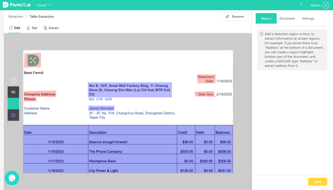 FormX extractor editor showing a bank statement with labeled anchor and detection regions highlighted in pink and blue