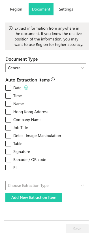 FormX Document tab listing auto extraction item types including Table, Date, Name, and Signature checkboxes