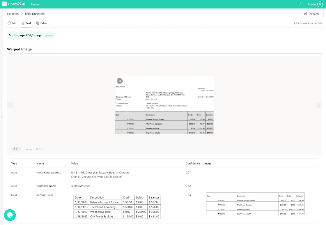 FormX Test tab showing extracted bank statement table with Date, Description, Credit, Debit, and Balances columns