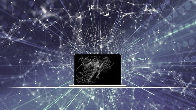 Laptop surrounded by glowing neural network nodes illustrating AI and large language models