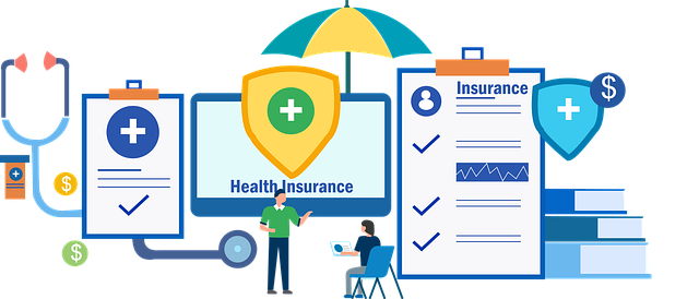Flat illustration of health insurance concepts including a shield, medical clipboard, stethoscope, and person at computer