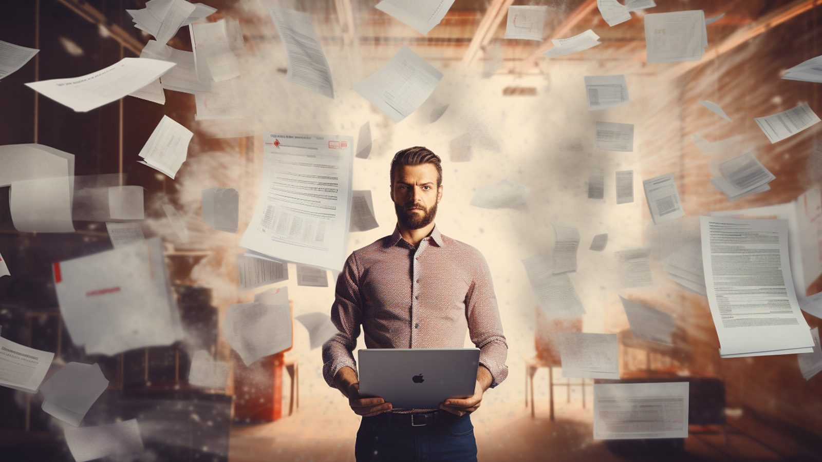 Person holding laptop surrounded by flying invoices and documents representing manual document chaos