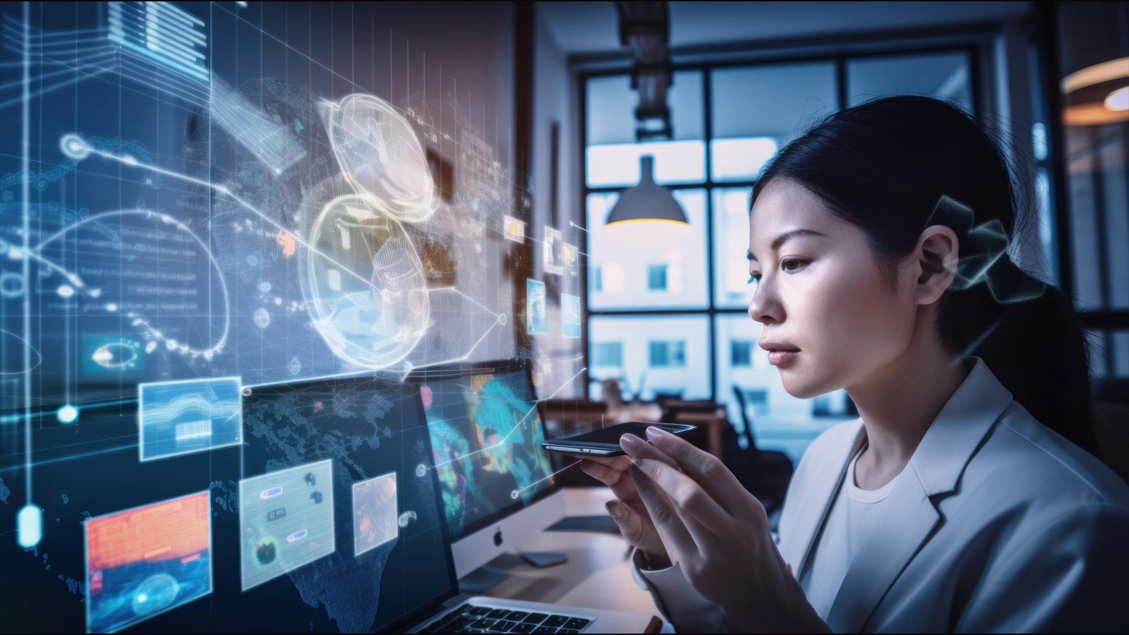 Woman in business attire reviewing holographic digital data panels and floating document icons near a laptop