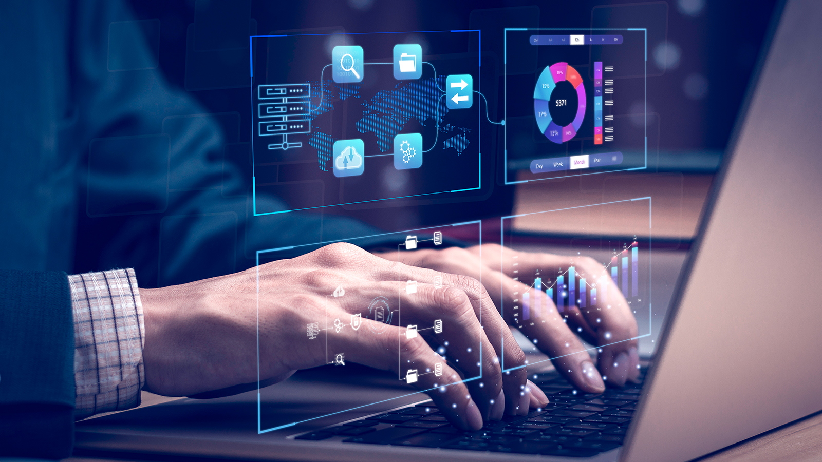Hands typing on a laptop surrounded by holographic workflow icons, charts, and analytics dashboards