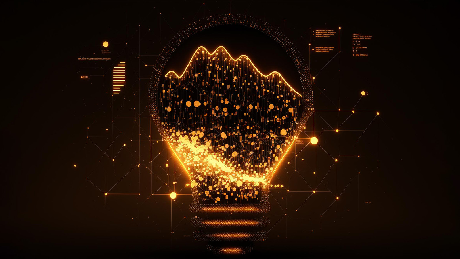 Glowing digital light bulb filled with golden data particles and chart visualizations on a dark background