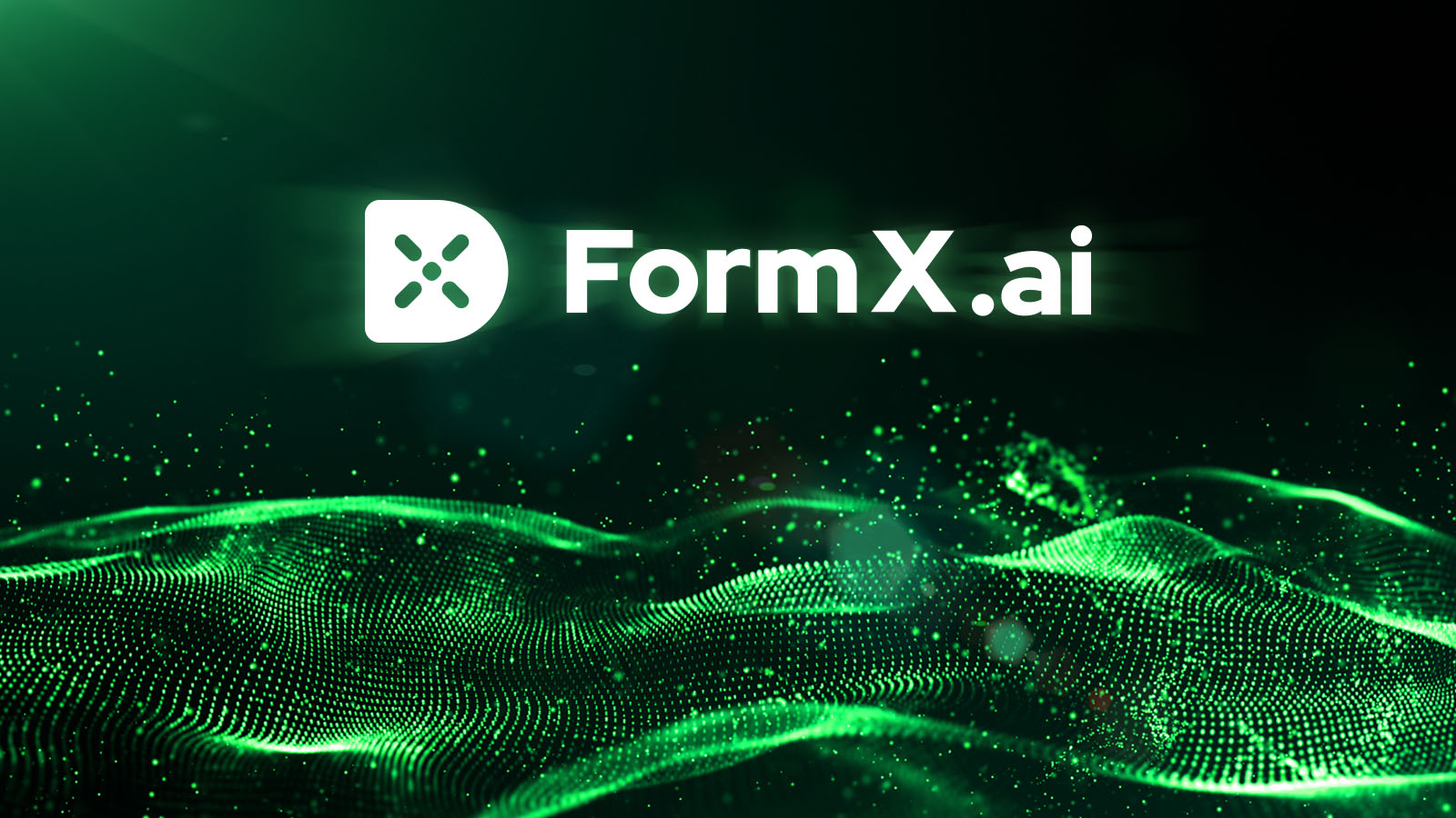 FormX.ai logo and wordmark displayed over flowing green digital particle waves on a dark background