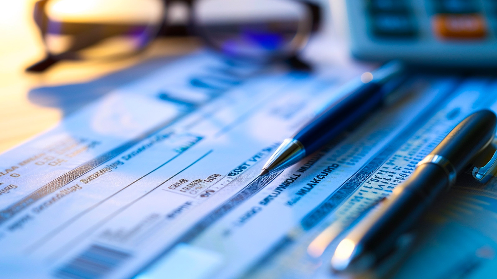 Bank statement document with a pen resting on it, glasses and calculator in the background