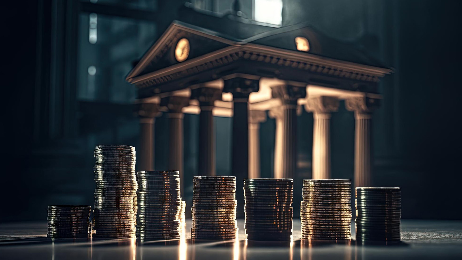 Stacks of coins of varying heights in front of a classical bank building facade
