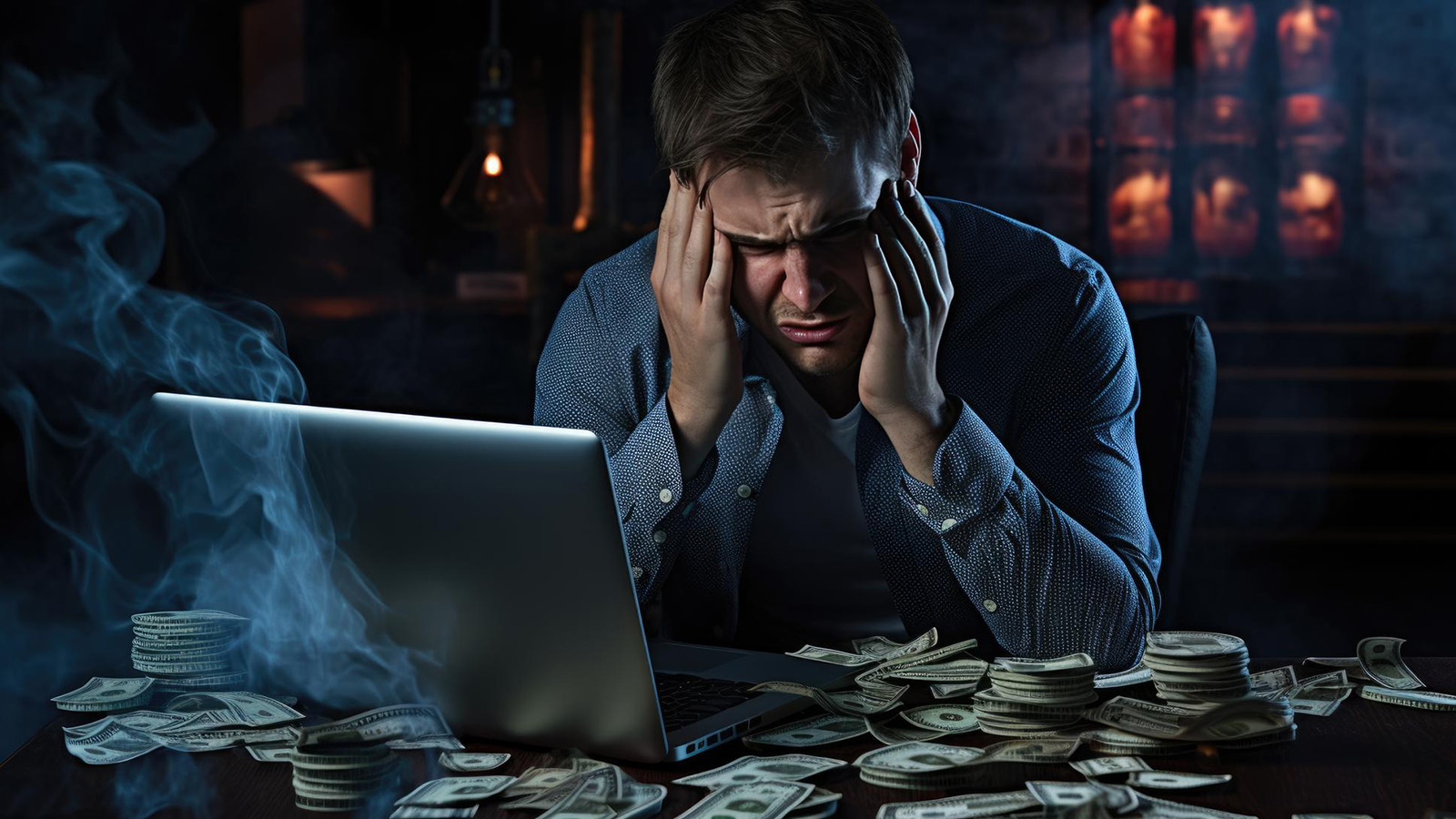 Distressed man holding his head at a laptop surrounded by scattered banknotes and coins