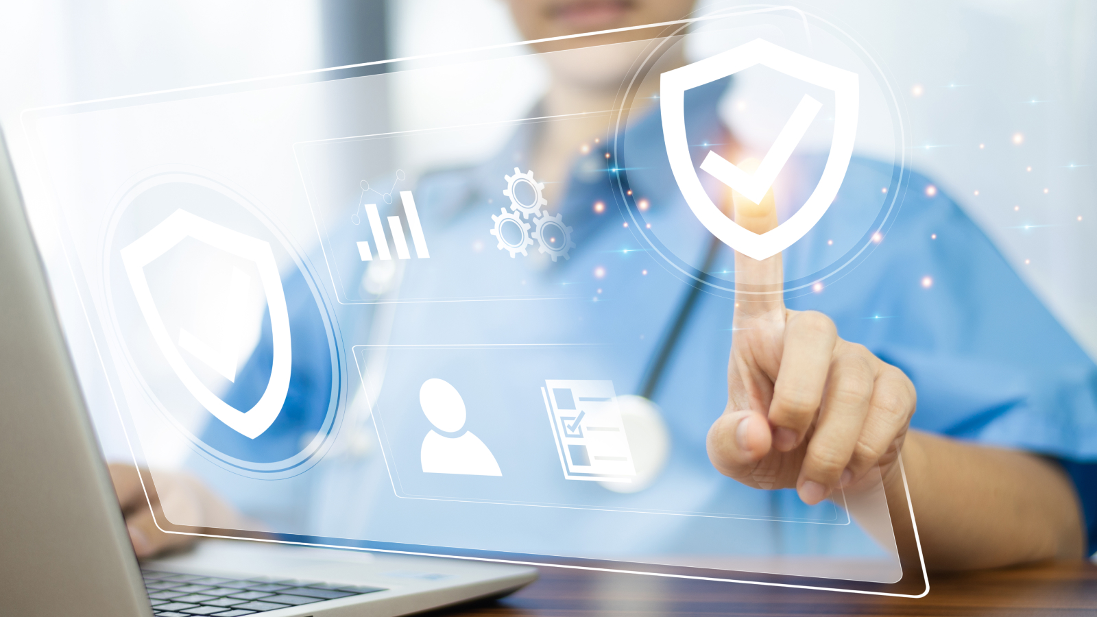 Healthcare professional touching glowing shield verification icon on digital insurance interface