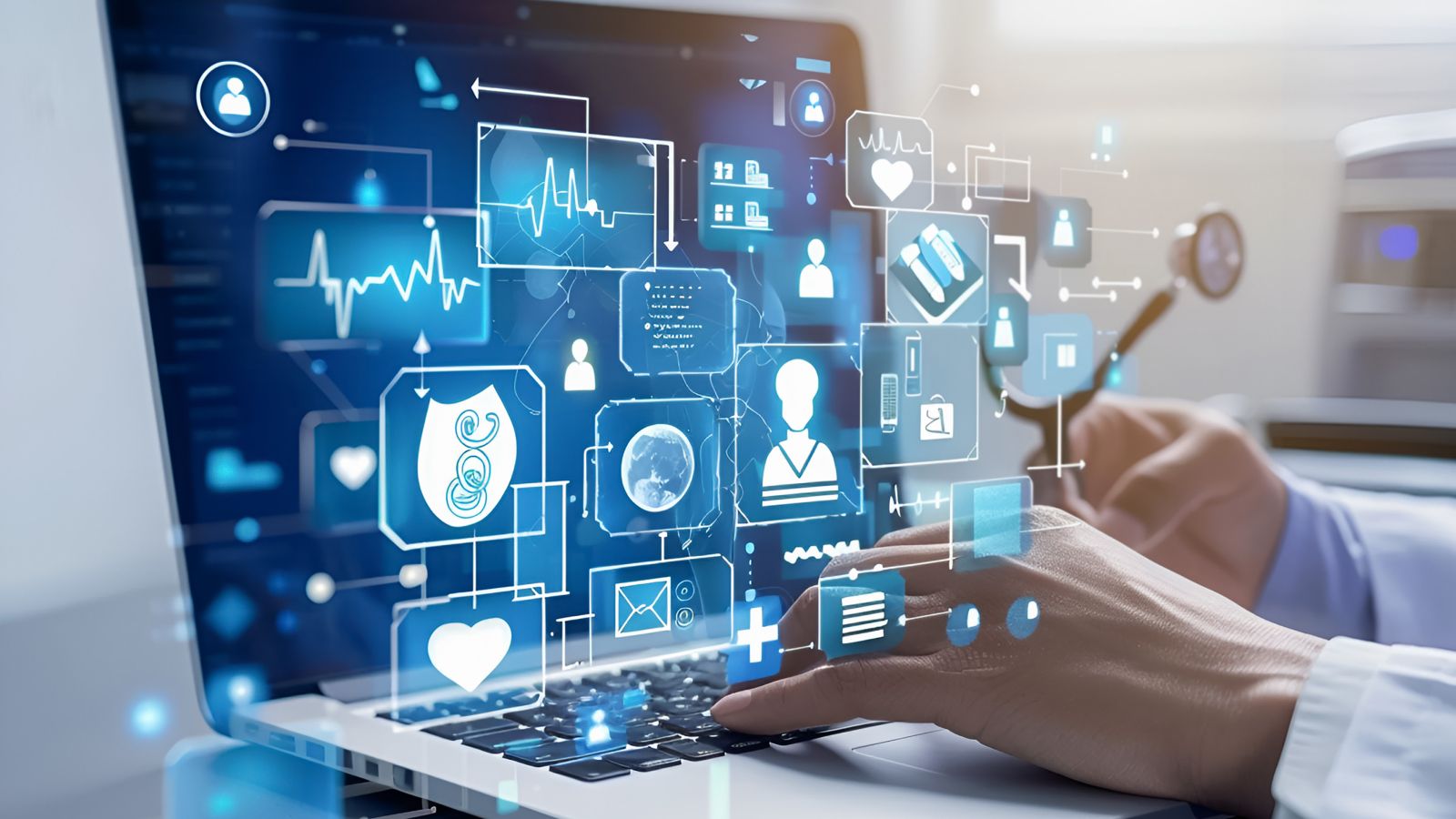 Doctor using laptop with floating blue digital health data and medical icons overlay