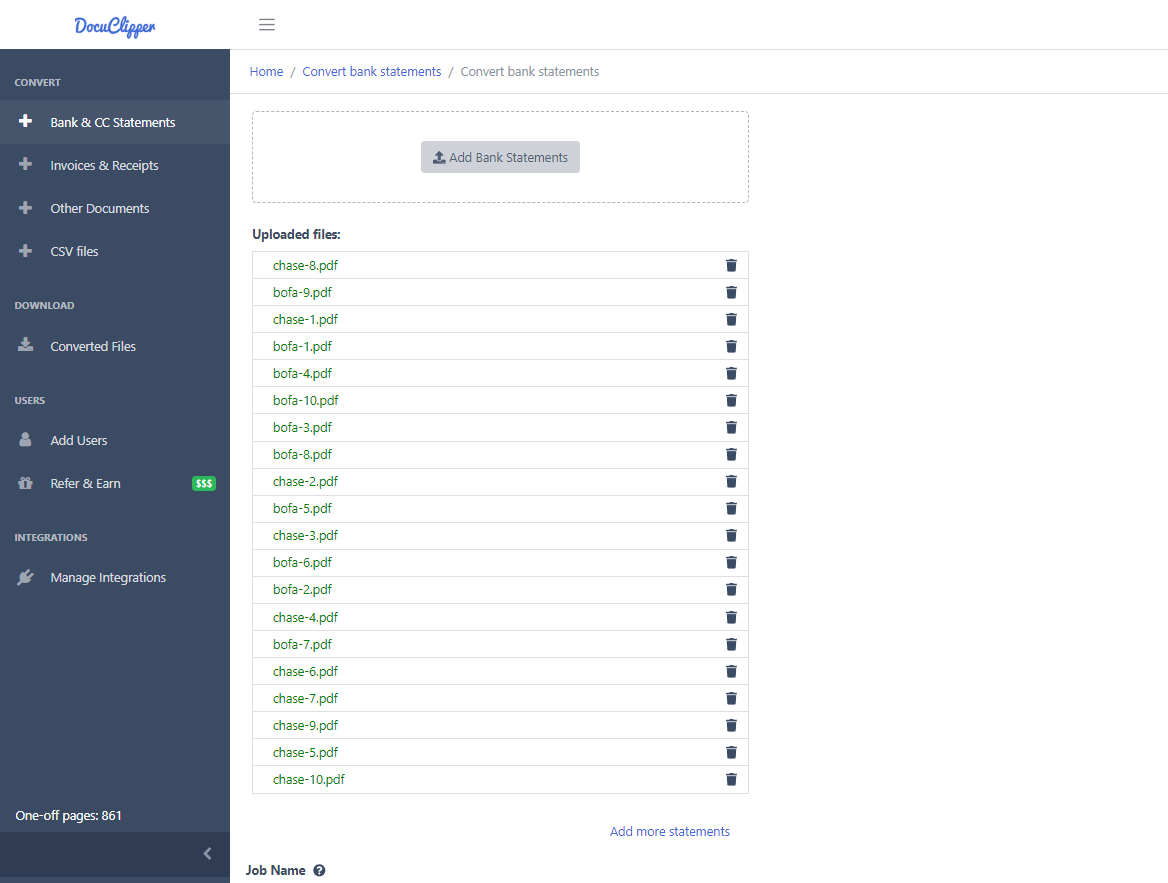 DocuClipper interface showing uploaded bank statements for conversion.